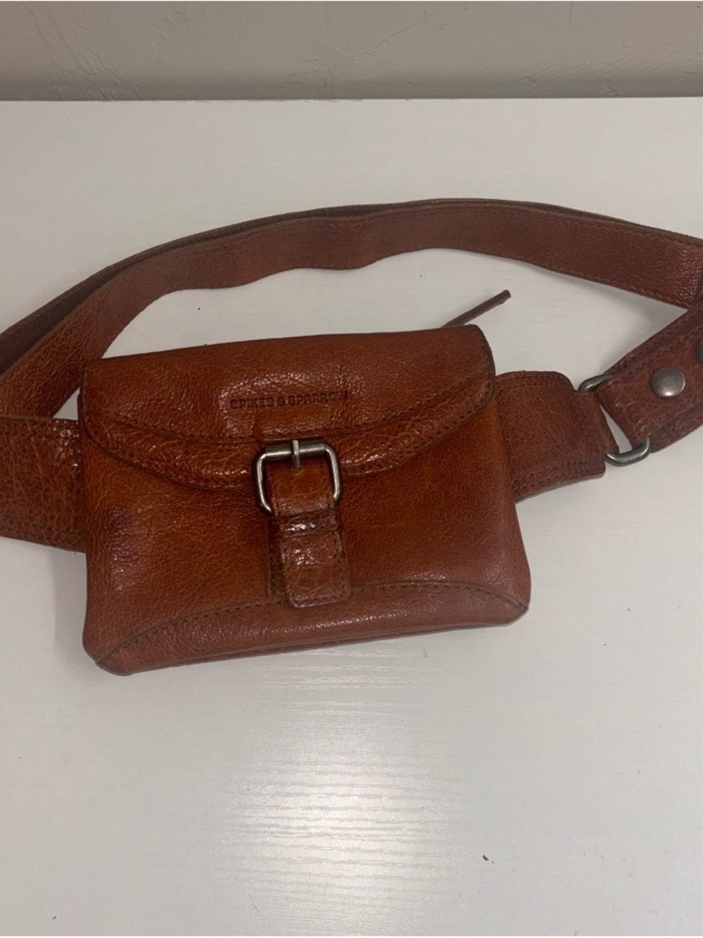 Spikes & Sparrow Brown Leather Crossbody Belt Bag with Front Buckle